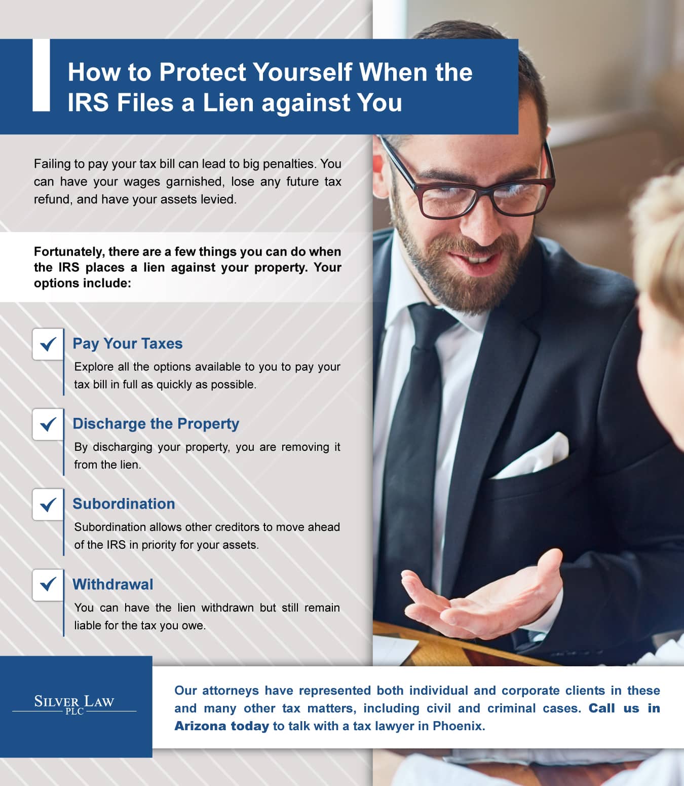 An infographic that shows how to protect yourself when the IRS files a lien against you