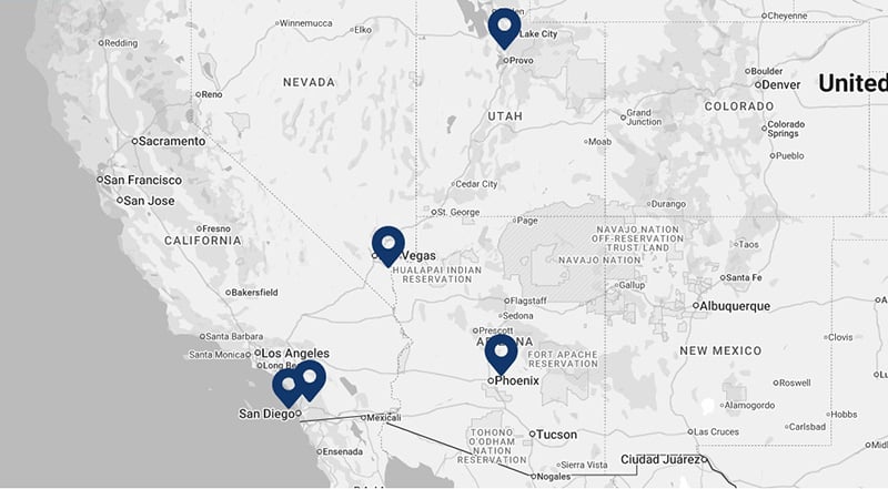 US Map Showing Our Offices in Arizona, California, Nevada, and Utah